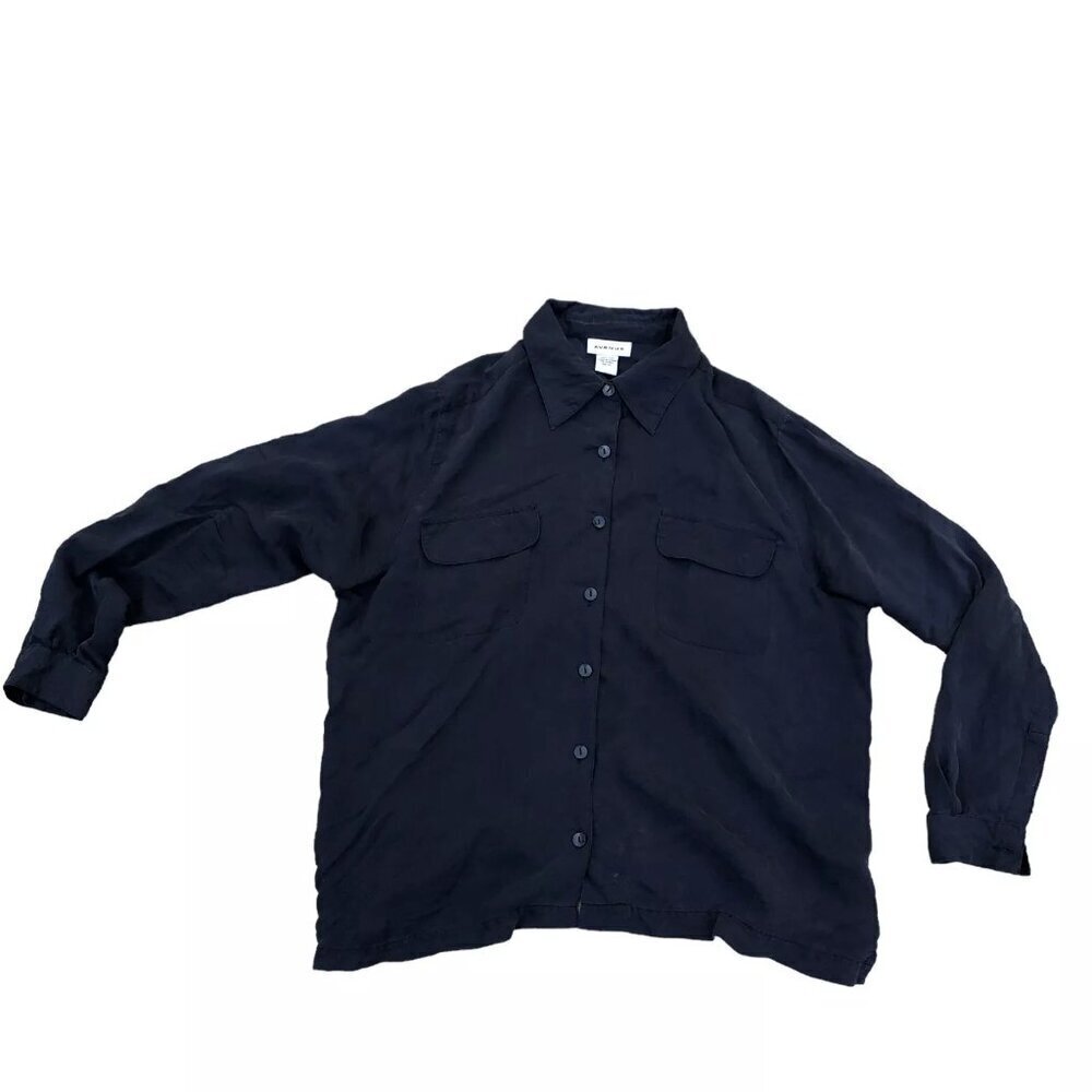 Vintage AVENUE 100% Silk Button Shirt Womens 14/16 Blouse Top Black Pockets​​​​